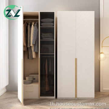 ประตูกระจกสีขาวเรียบง่ายความจุขนาดใหญ่ตู้เสื้อผ้าไม้